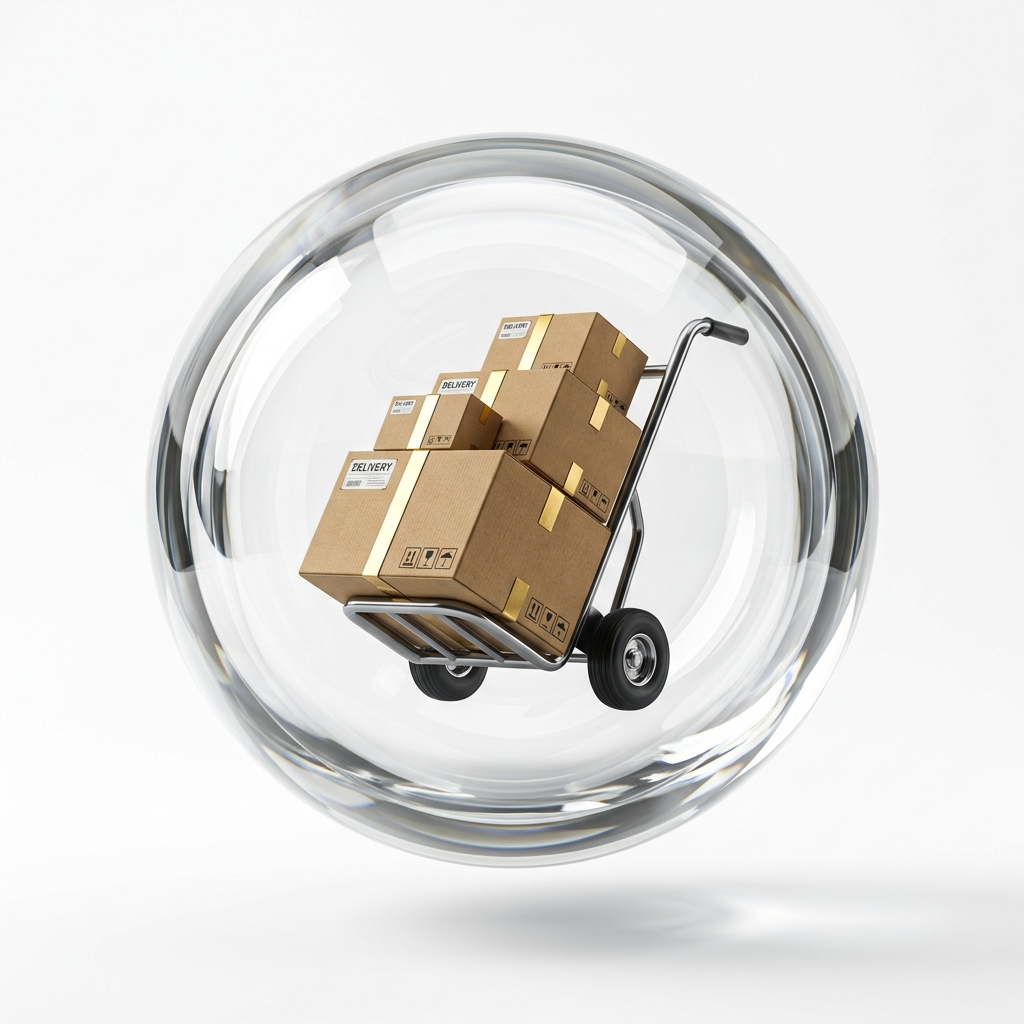 Transportwagen und Pakete in 3D-Glas-Symbol